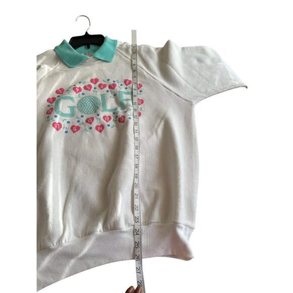 Vintage Cross Stitch Golf Print Sweatshirt With Collar XL White Teal Made In USA - Picture 8 of 12